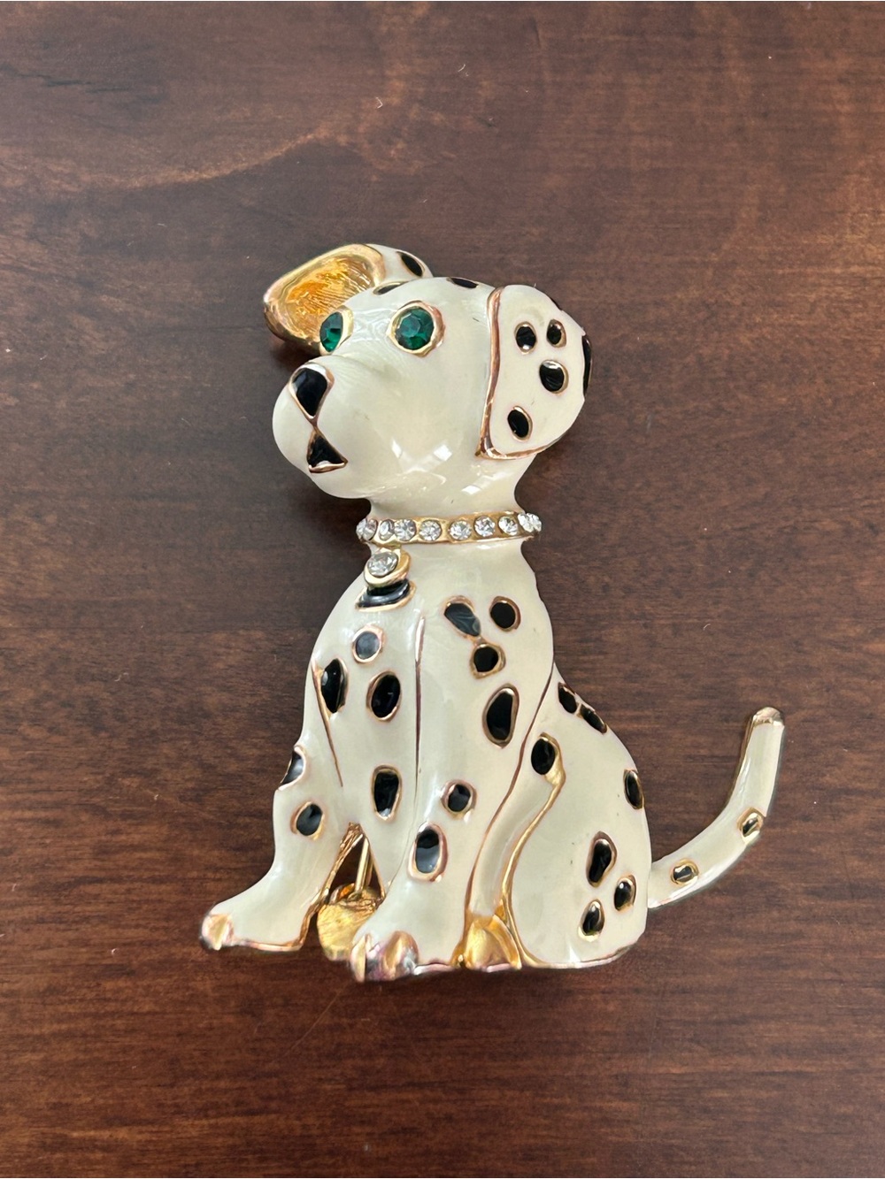 Vintage enamel and rhinestone gold plated Dalmatian dog brooch.